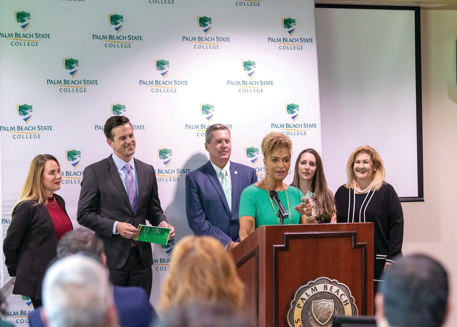 This photo is of Ava L. Parker, J.D., PBSC president is joined by Deana Pizzo, CEO, I.T. Solutions of South Florida, Henry Mack, Ed.D., senior chancellor at the Florida Department of Education, Mike Burke, superintendent of Palm Beach County Schools, Nikki Cabus, CEO, South Florida Tech Hub and Julia Dattolo, president/CEO, CareerSource Palm Beach County.